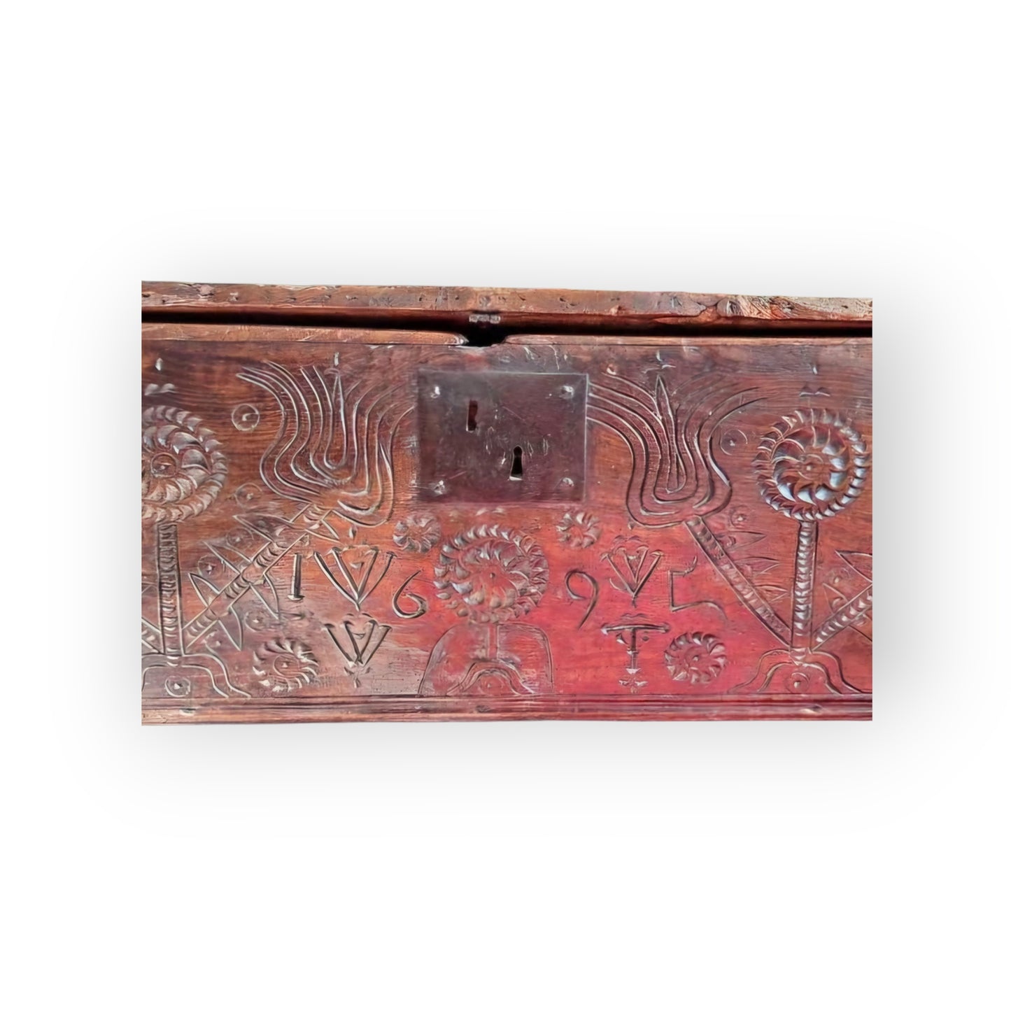Late 17th-Century English Antique Oak Six-Plank Boarded Chest Dated "1695"