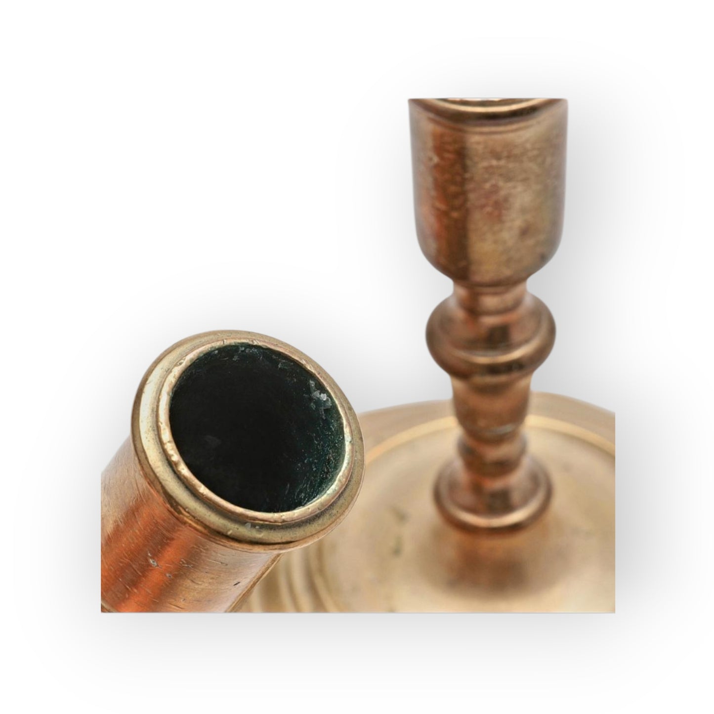 A Pair Of Early 18th-Century Baroque Antique Brass Candlesticks Of Squat Form