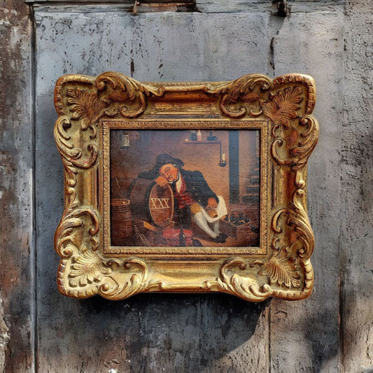 19th-Century Primitive / Naive English School Antique Folk Art Oil On Board Painting Of A Drunken Cellarhand