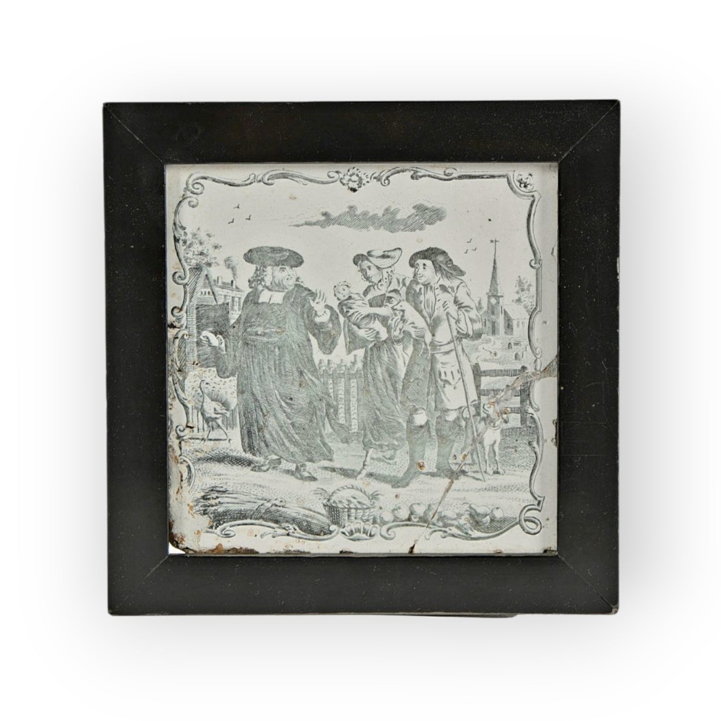 A Rare Mid-18th-Century English Antique Delftware Tile, Entitled "The Tithe Pig", Printed By Sadler & Green, Liverpool, Circa 1760