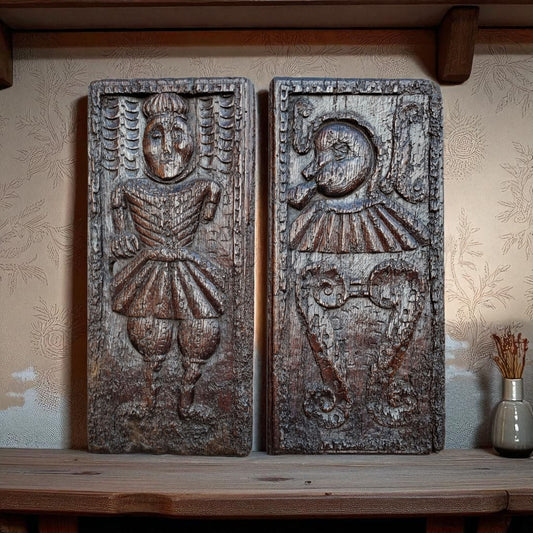 Pair of Large, Naive, 16th-Century Antique Carved Oak Portrait Panels