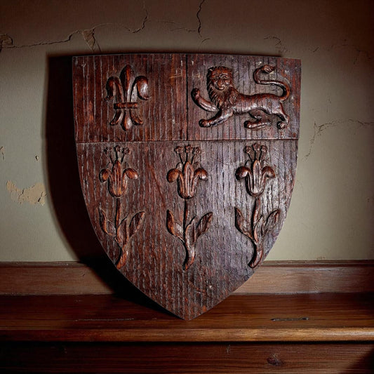 A Small 19th-Century English/French Antique Carved Oak Armorial Panel