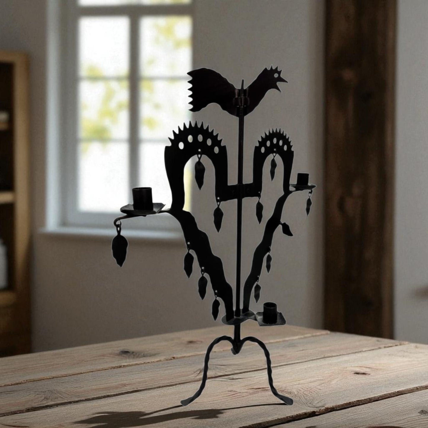 An Unusual Piece Of 19th-Century Antique Folk-Art - A Large Three-Branch Antique Iron Candelabrum