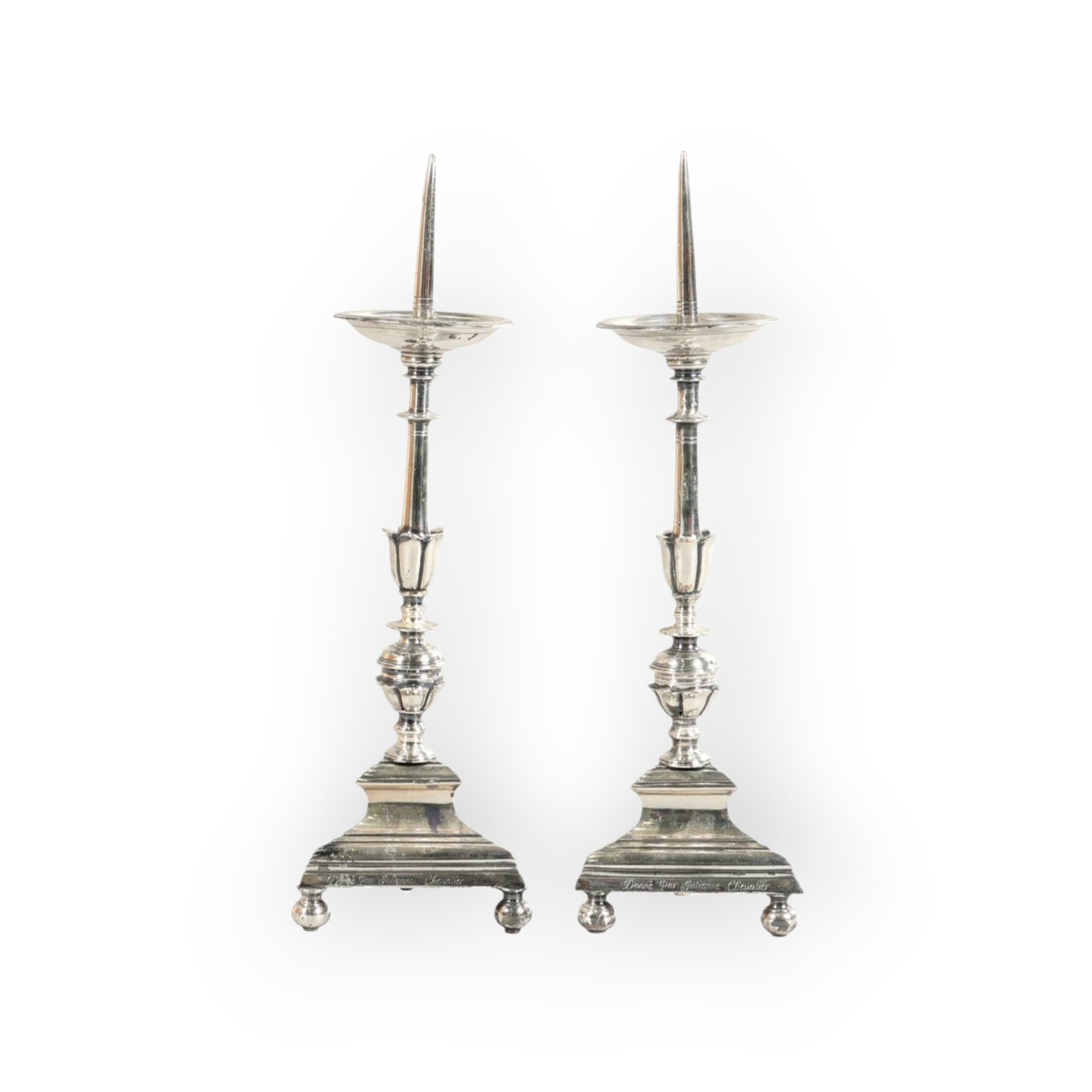 A Fine Pair Of Large 18th-Century French Antique Silver-Plated Pricket Candlesticks