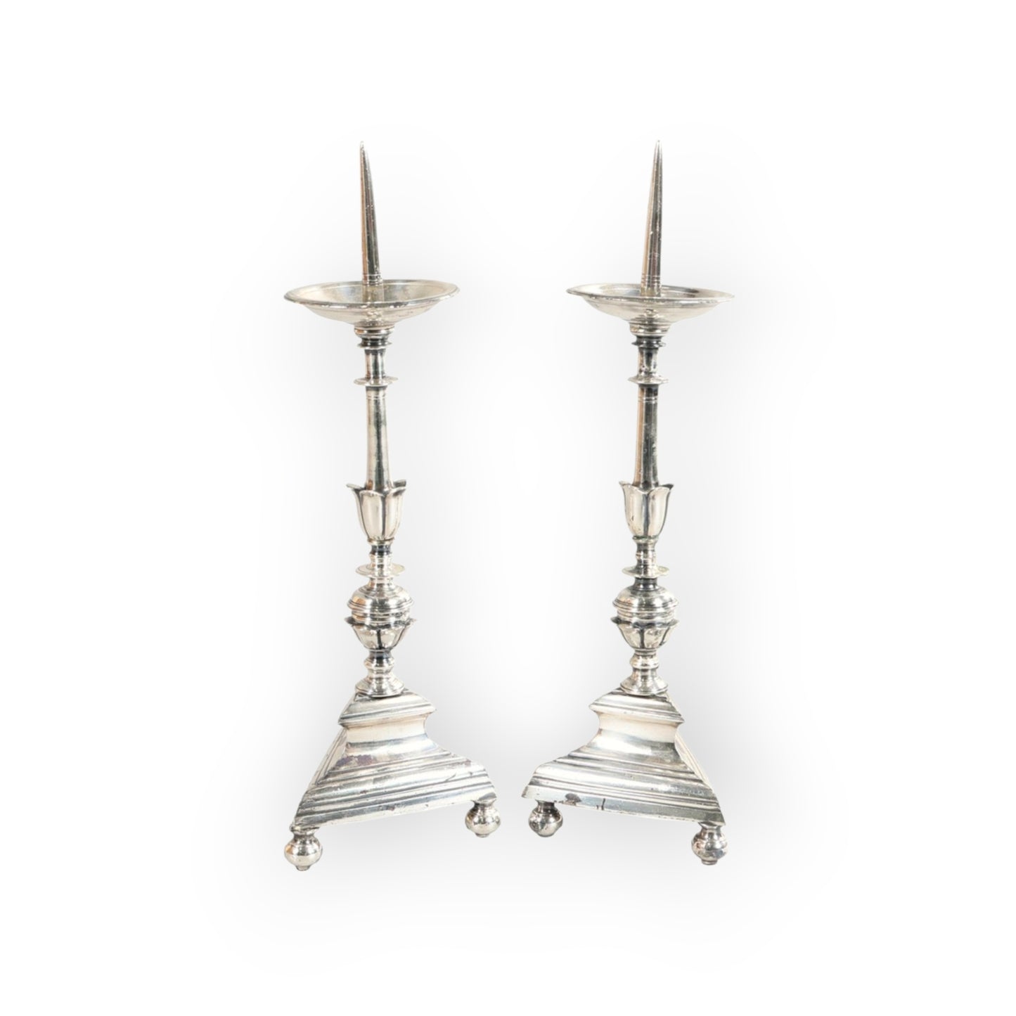 A Fine Pair Of Large 18th-Century French Antique Silver-Plated Pricket Candlesticks