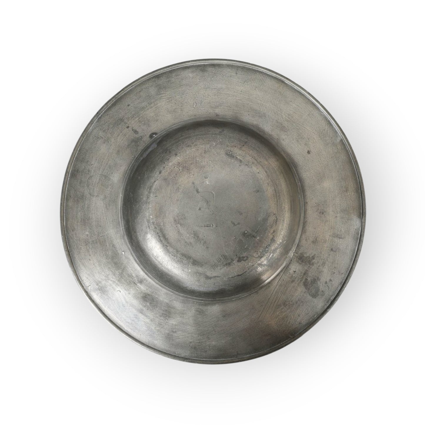 Early 18th-Century English Antique Pewter Broad Rim Charger, Bearing A London Touchmark Verso