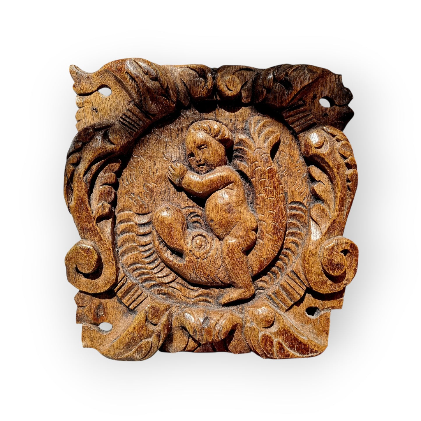 A Pair Of Charming 17th-Century Decorative Antique Carved Oak Panels Depicting Cherubs Riding Upon Sea Monsters