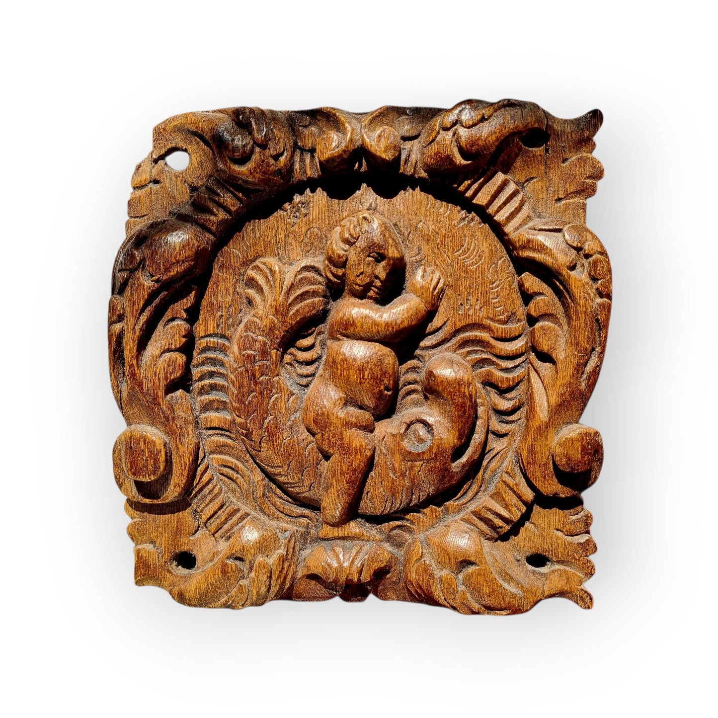 A Pair Of Charming 17th-Century Decorative Antique Carved Oak Panels Depicting Cherubs Riding Upon Sea Monsters