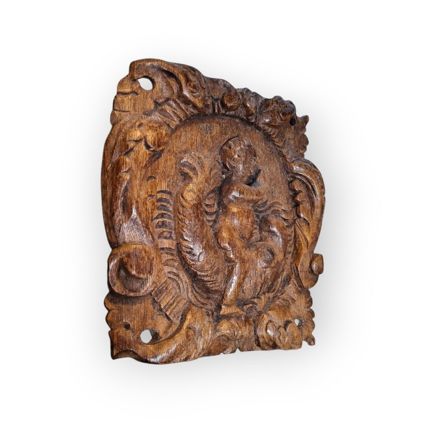 A Pair Of Charming 17th-Century Decorative Antique Carved Oak Panels Depicting Cherubs Riding Upon Sea Monsters