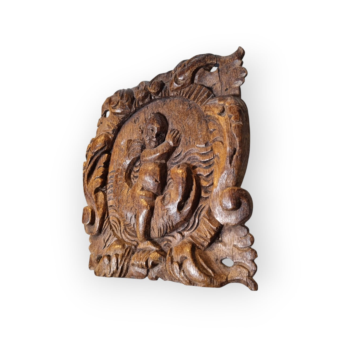 A Pair Of Charming 17th-Century Decorative Antique Carved Oak Panels Depicting Cherubs Riding Upon Sea Monsters