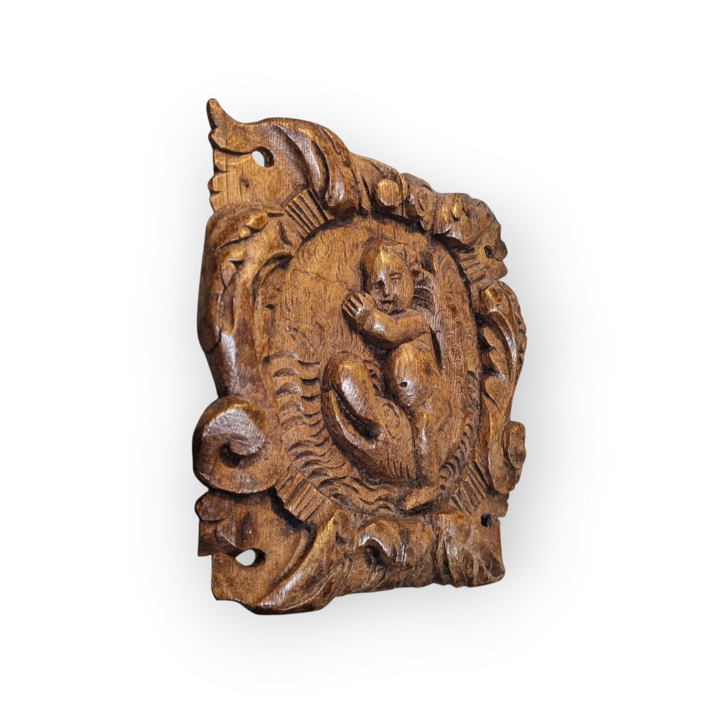 A Pair Of Charming 17th-Century Decorative Antique Carved Oak Panels Depicting Cherubs Riding Upon Sea Monsters