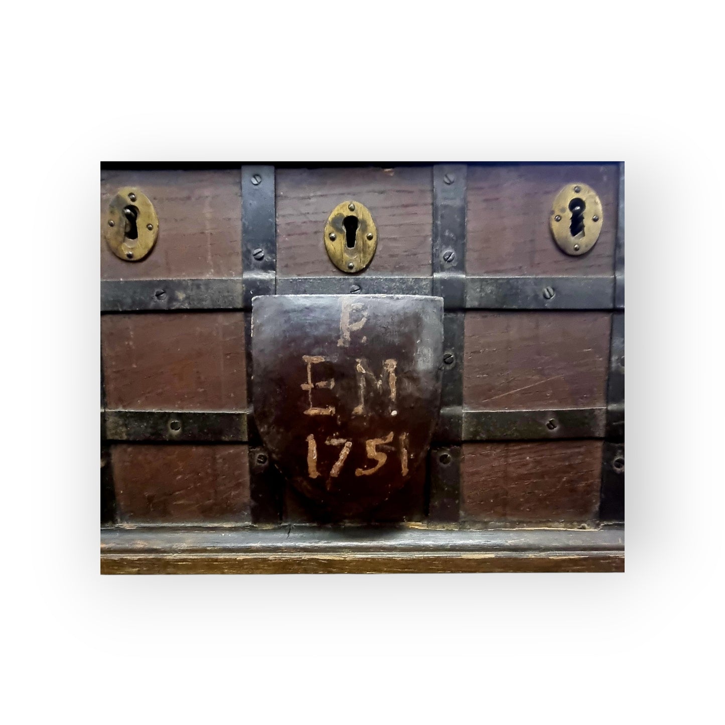 Mid 18th Century English Antique Oak Iron Bound Box Strongbox, Bearing Initials "PEM" & Dated "1751"