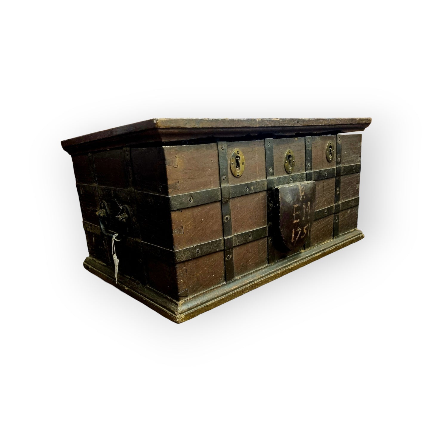 Mid 18th Century English Antique Oak Iron Bound Box Strongbox, Bearing Initials "PEM" & Dated "1751"