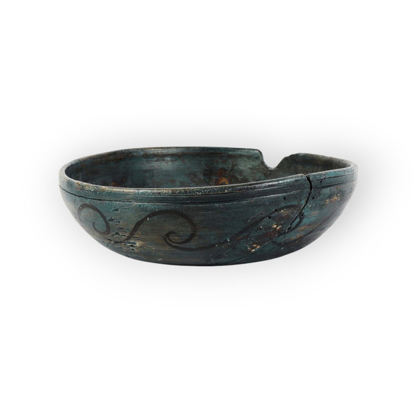 18th-Century Antique Folk-Art-Decorated Turned Wooden Dairy Bowl In Original Paint