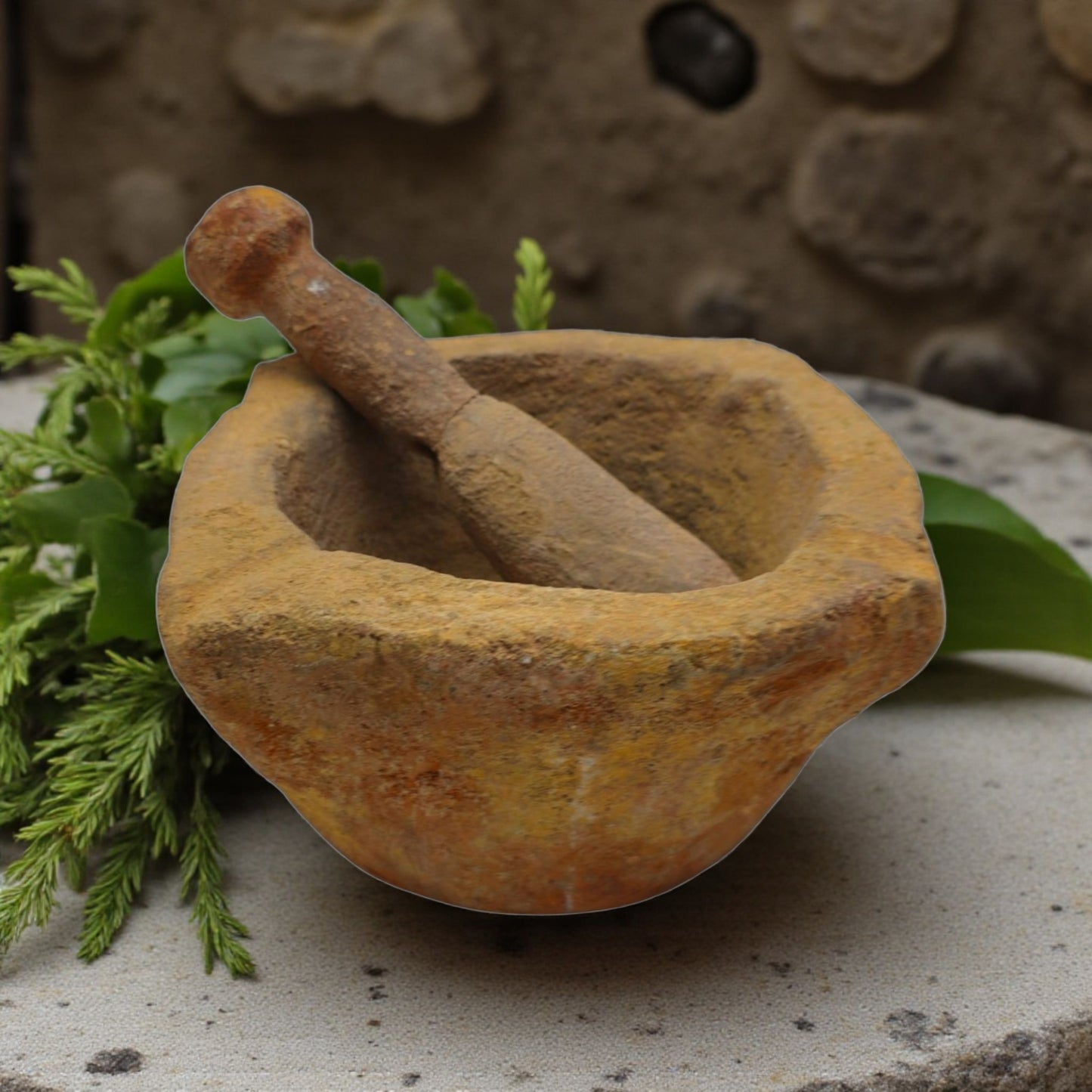 Early 17th-Century Antique Sandstone Mortar & Associated Wooden Pestle