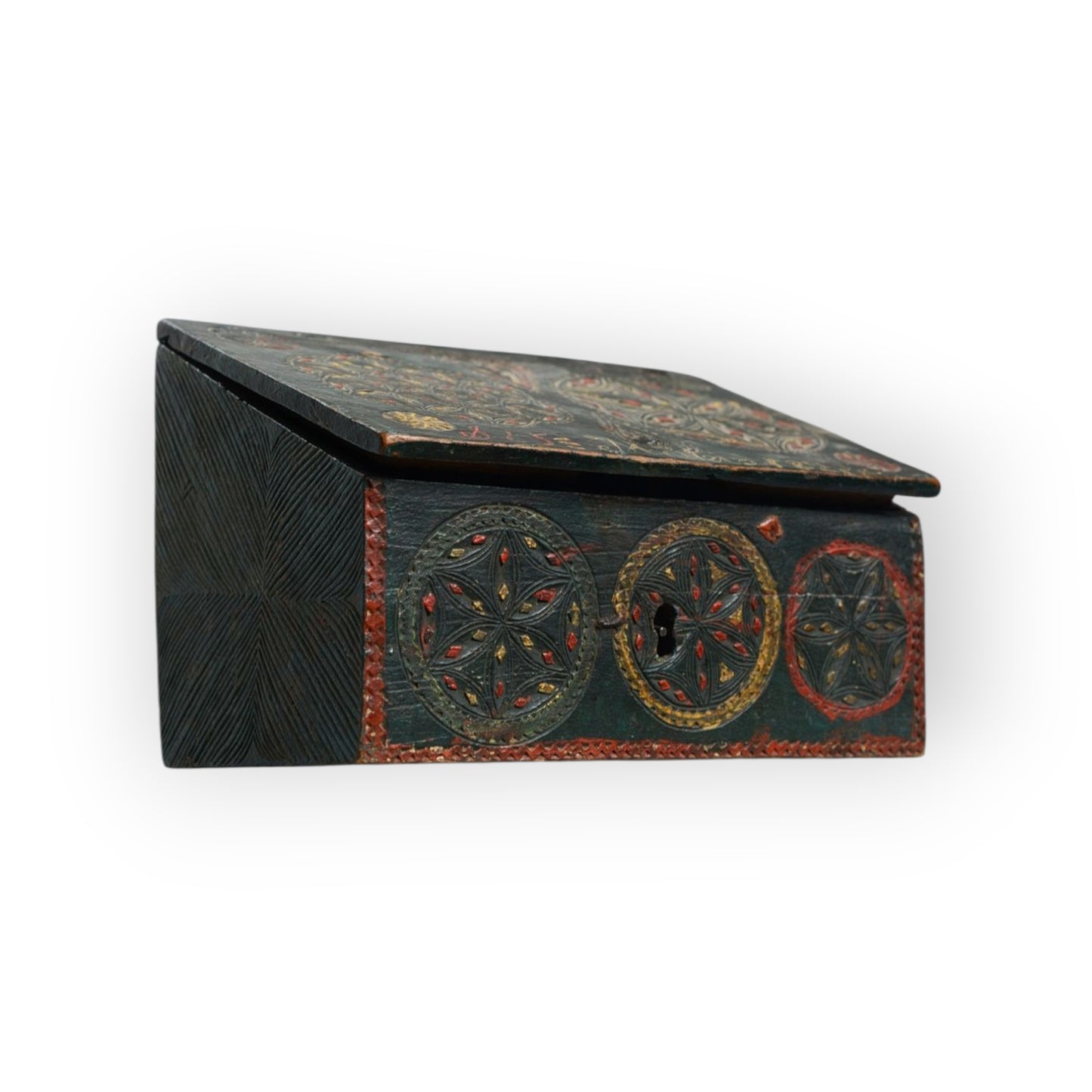 A Diminutive Early 19th-Century Scandinavian Antique Folk-Art Decorated Chip Carved Table Top Box / Dowry Chest / Marriage Chest, Dated "1828."
