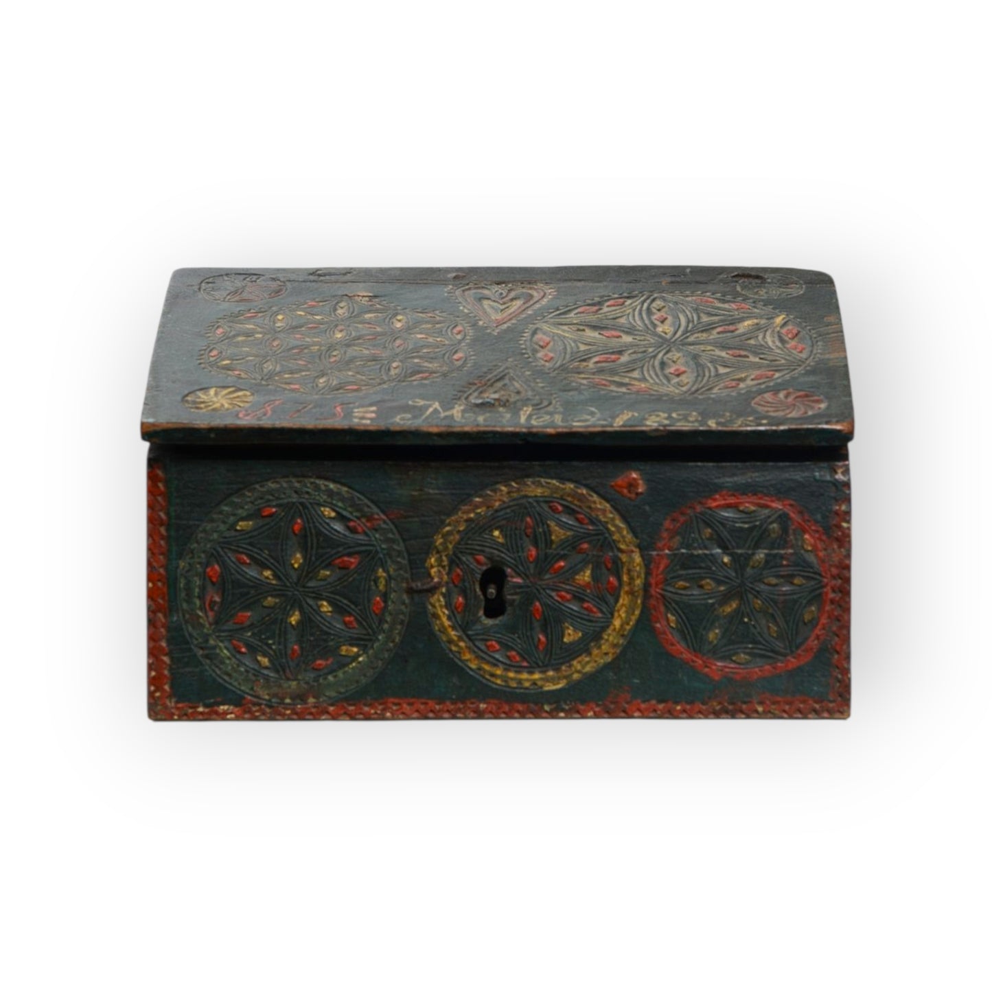 A Diminutive Early 19th-Century Scandinavian Antique Folk-Art Decorated Chip Carved Table Top Box / Dowry Chest / Marriage Chest, Dated "1828."