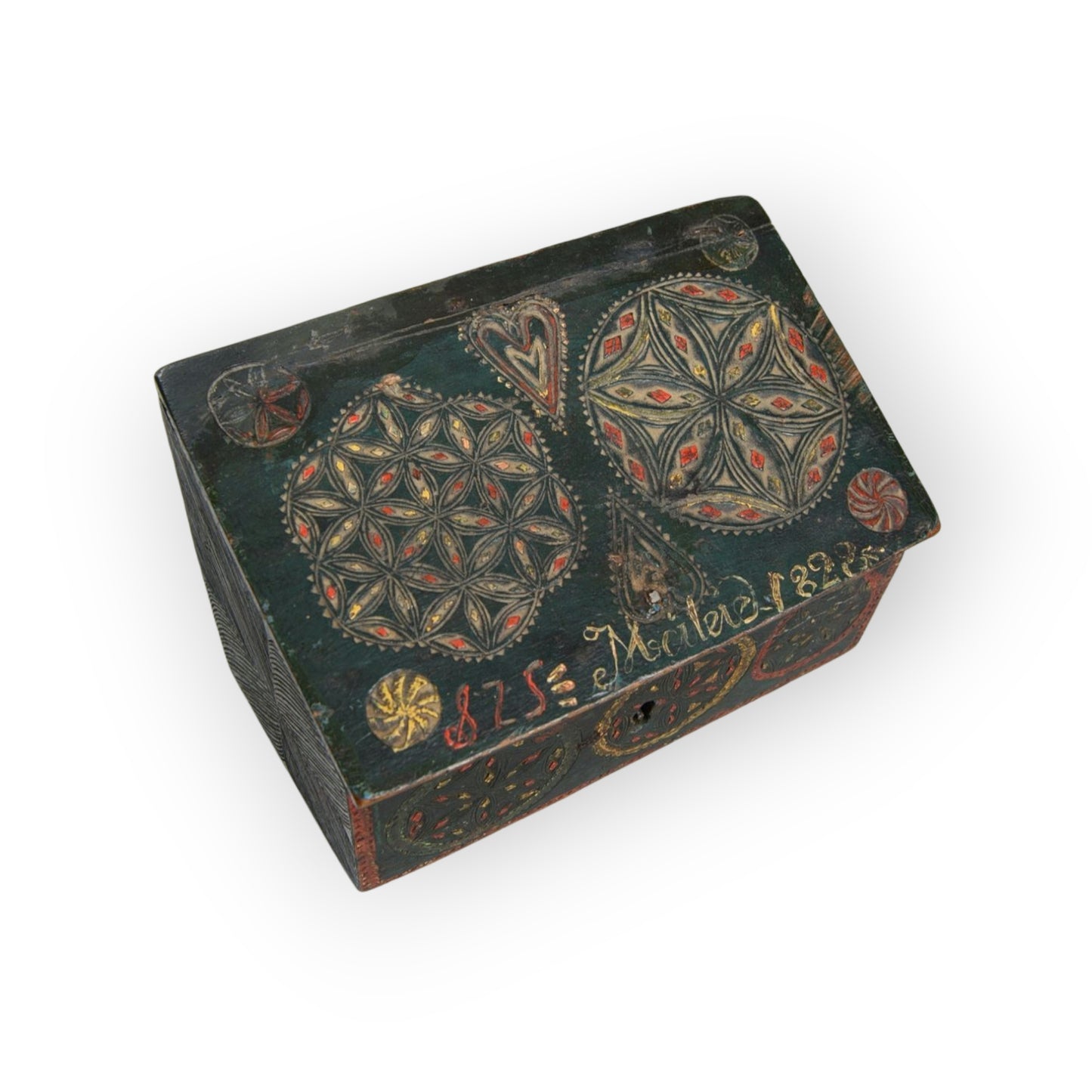 A Diminutive Early 19th-Century Scandinavian Antique Folk-Art Decorated Chip Carved Table Top Box / Dowry Chest / Marriage Chest, Dated "1828."