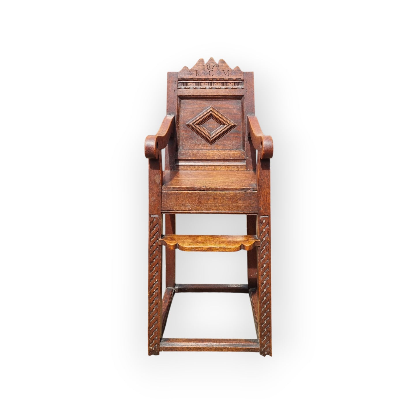 17th-Century Style, English Antique Oak Child's Highchair, Bearing The Initials "RCM" & Dated "1872"