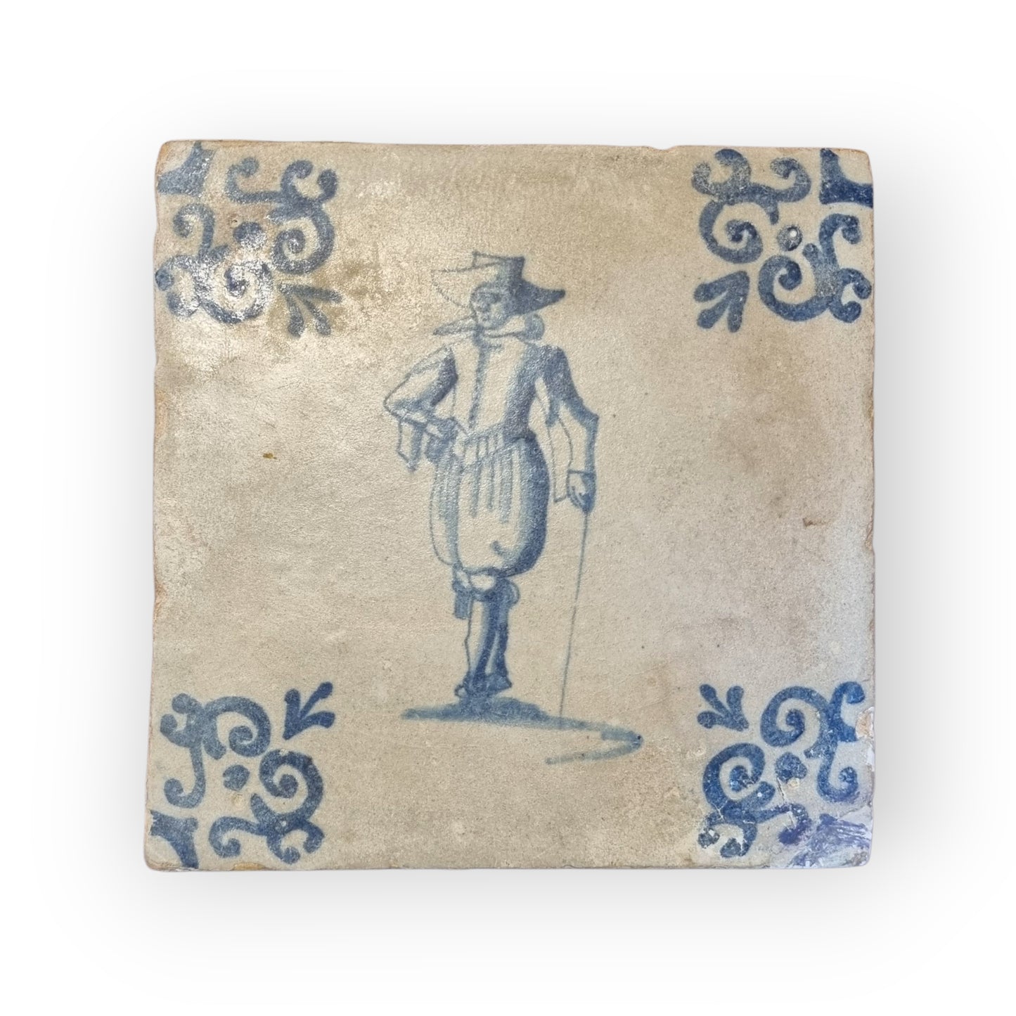 Early-to-Mid 17th-Century Dutch Antique Delftware Tile Depicting A Gentleman, circa 1625-1650