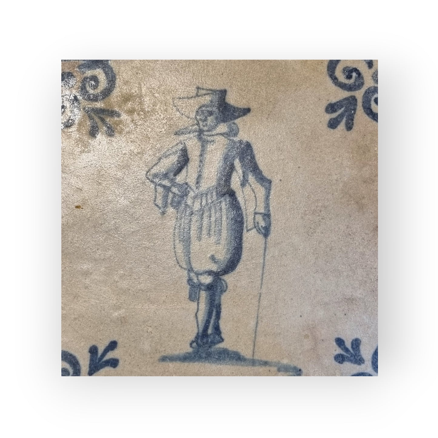 Early-to-Mid 17th-Century Dutch Antique Delftware Tile Depicting A Gentleman, circa 1625-1650