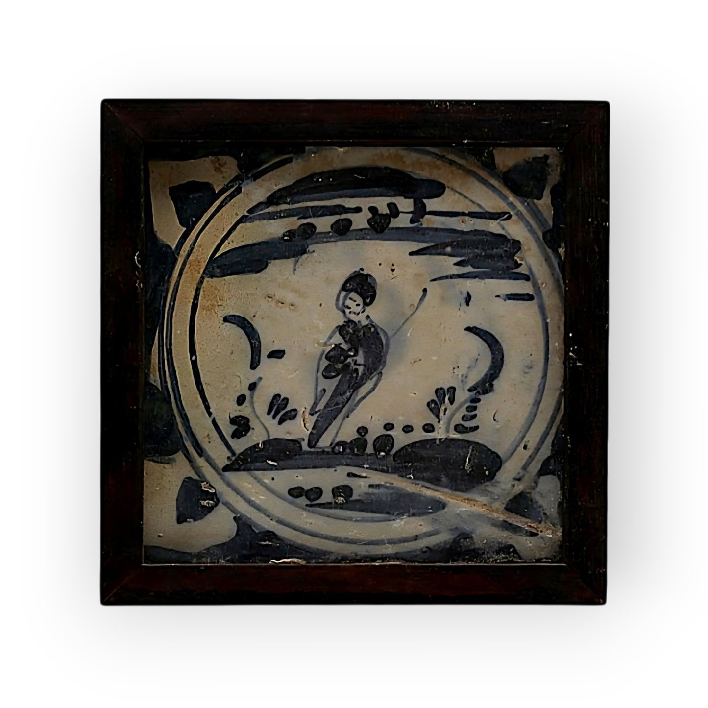 18th Century Spanish Antique Blue & White Tin-Glazed Earthenware Triana Tile / Majolica Tile Decorated With A Naively Stylised Female Figure
