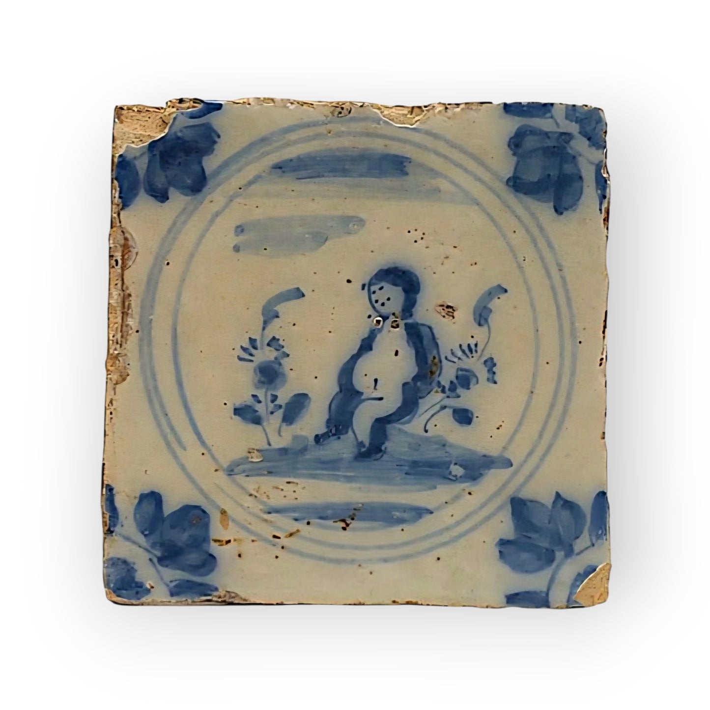 18th Century Spanish Antique Blue & White Tin-Glazed Earthenware Triana Tile / Majolica Tile Decorated With A Naive Image Of A Child