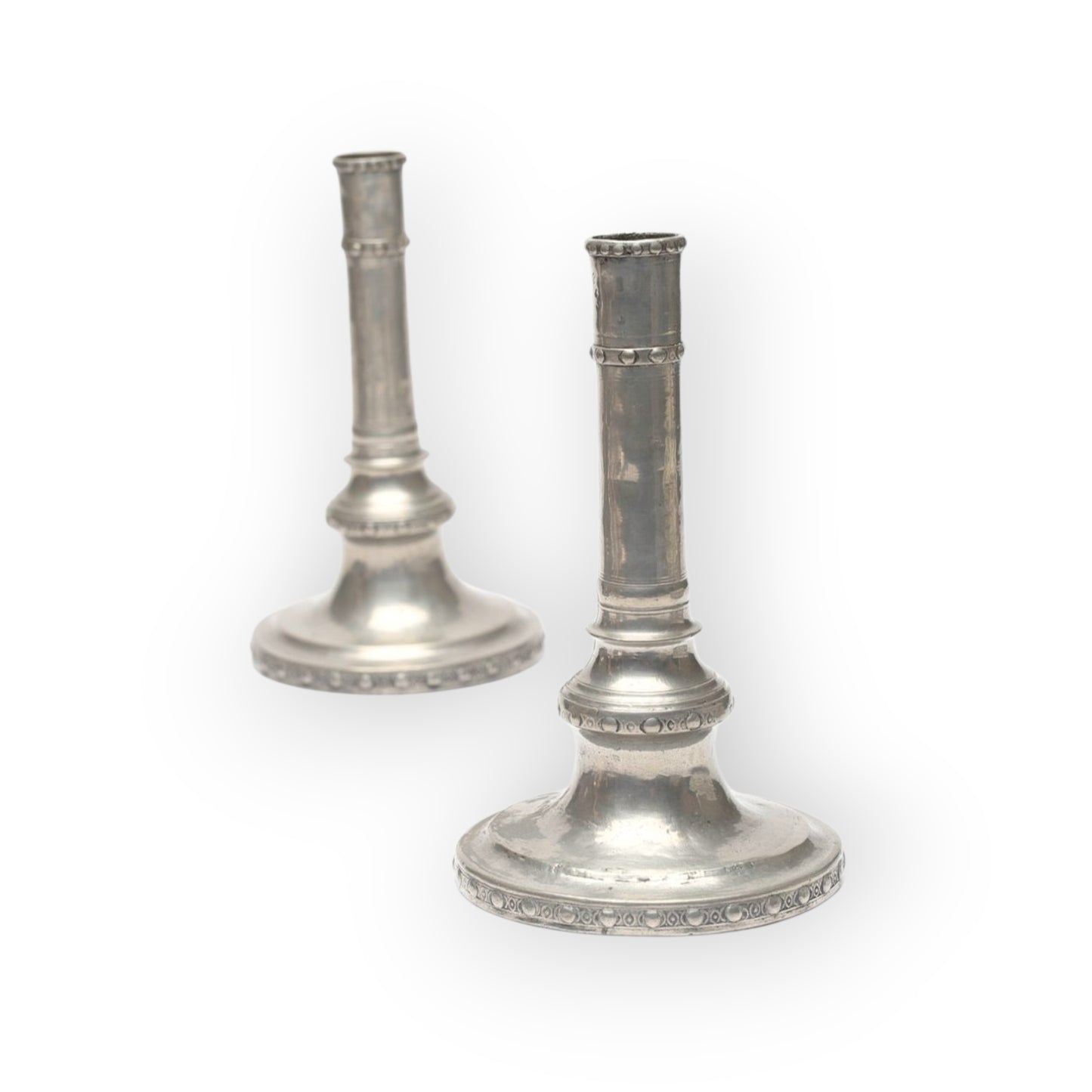 A Pair of 18th Century Gustavian Antique Pewter Candlesticks, Bearing The Name Of M Moberg & Dated "1786"