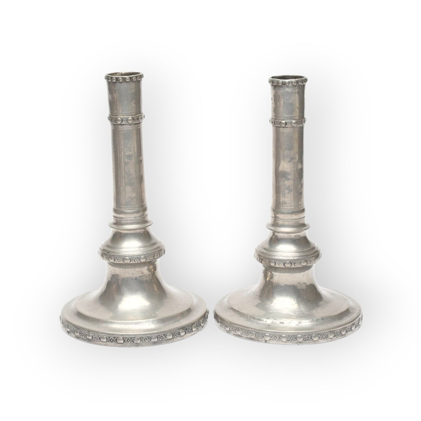 A Pair of 18th Century Gustavian Antique Pewter Candlesticks, Bearing The Name Of M Moberg & Dated "1786"