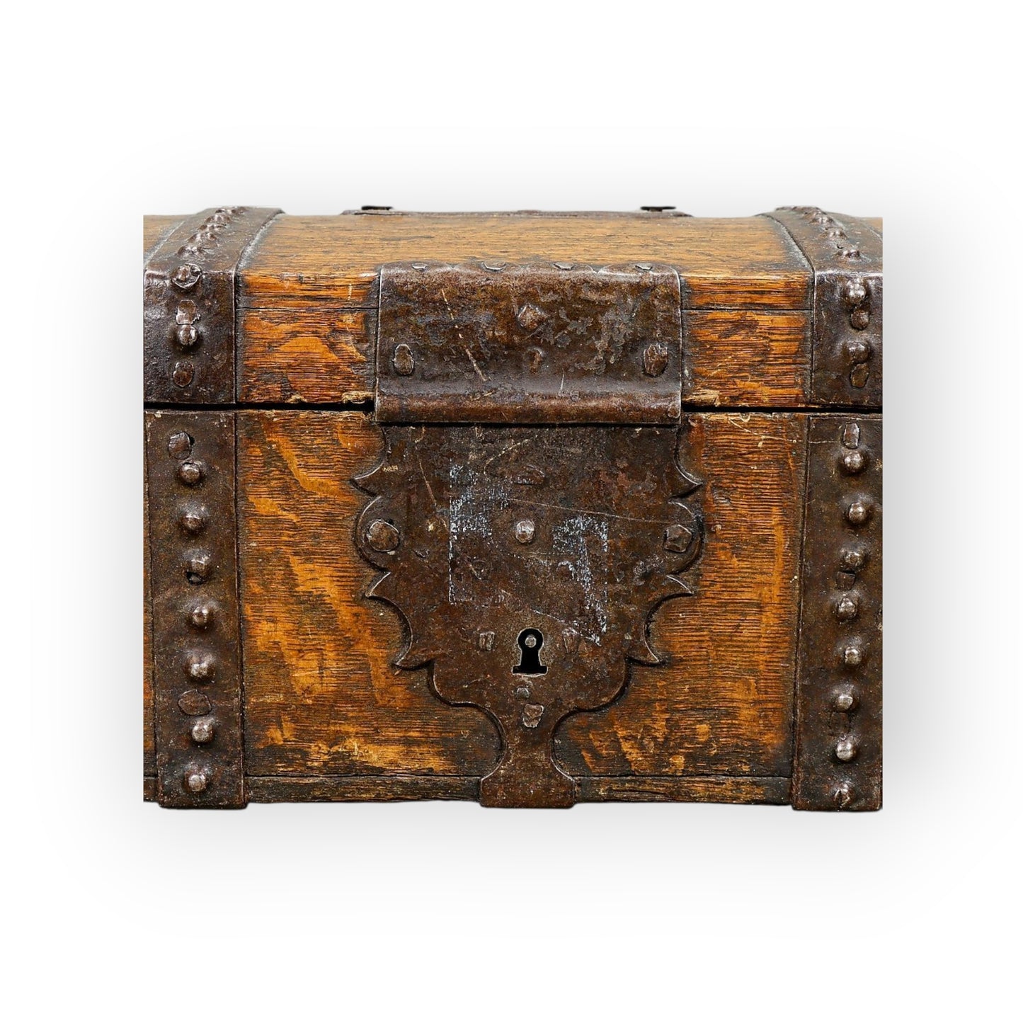 17th-Century Antique Oak Table Top Box With Iron Bindings