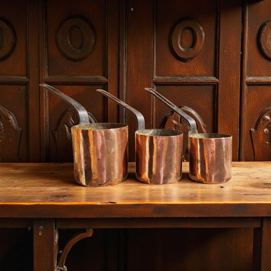 A Set Of Three 19th Century Antique Copper Cooking Pots/Pans Of Graduated Size