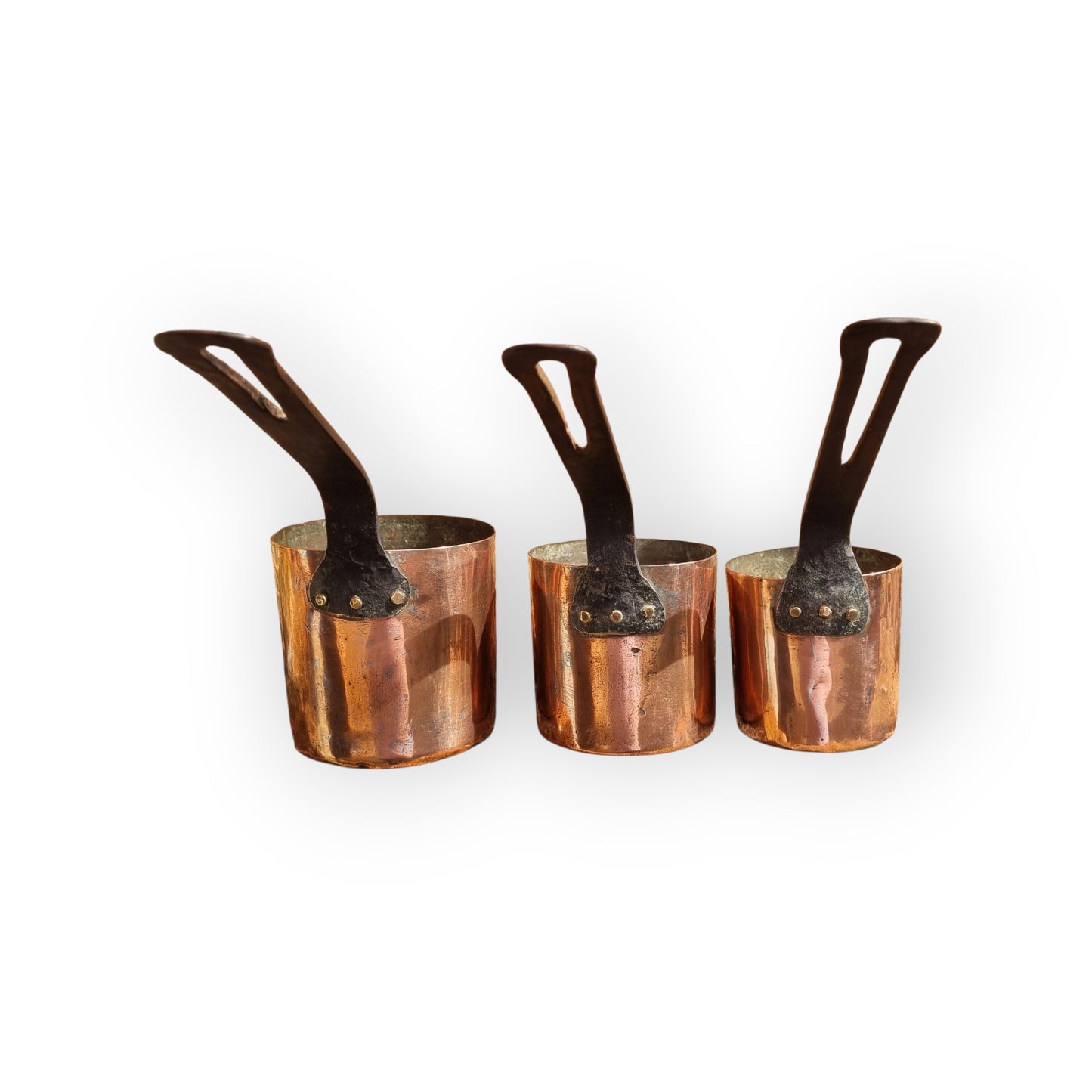 A Set Of Three 19th Century Antique Copper Cooking Pots/Pans Of Graduated Size