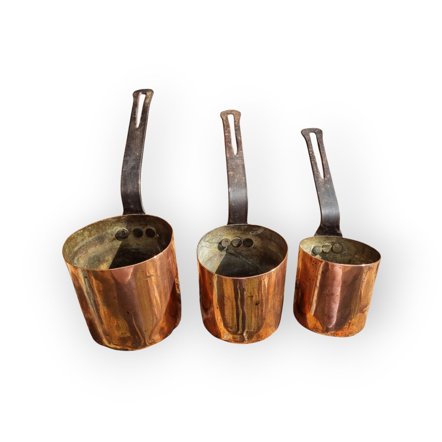 A Set Of Three 19th Century Antique Copper Cooking Pots/Pans Of Graduated Size