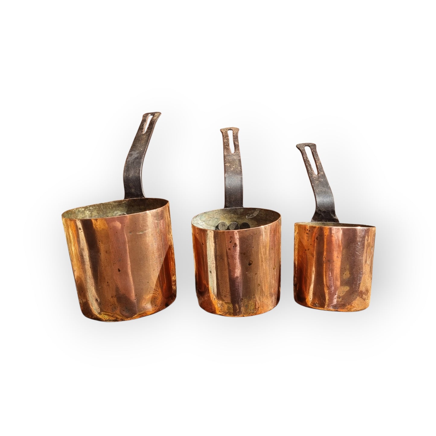A Set Of Three 19th Century Antique Copper Cooking Pots/Pans Of Graduated Size