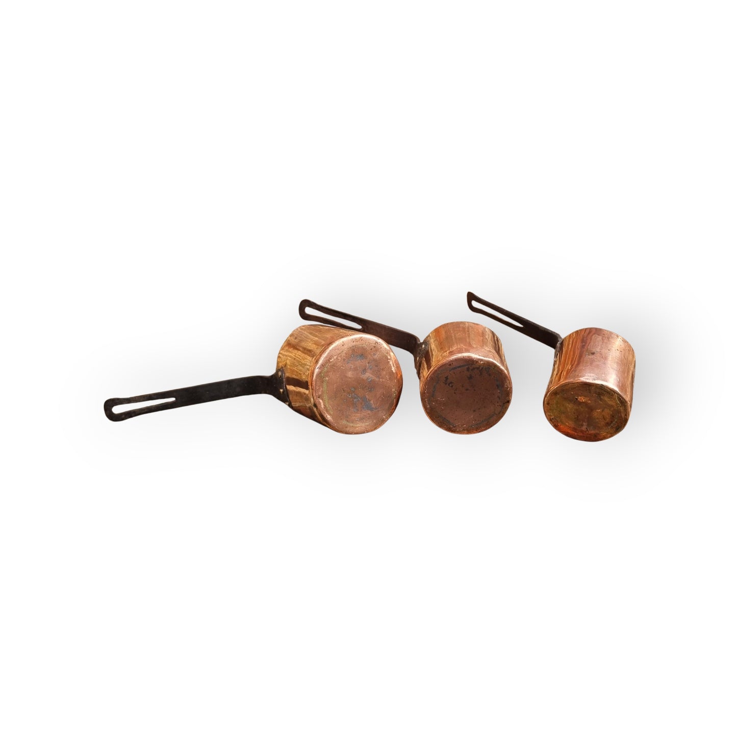 A Set Of Three 19th Century Antique Copper Cooking Pots/Pans Of Graduated Size