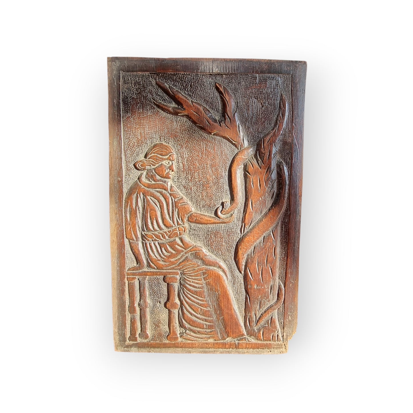 A Large 18th Century Antique Carved Oak Panel Depicting Eve and the Serpent