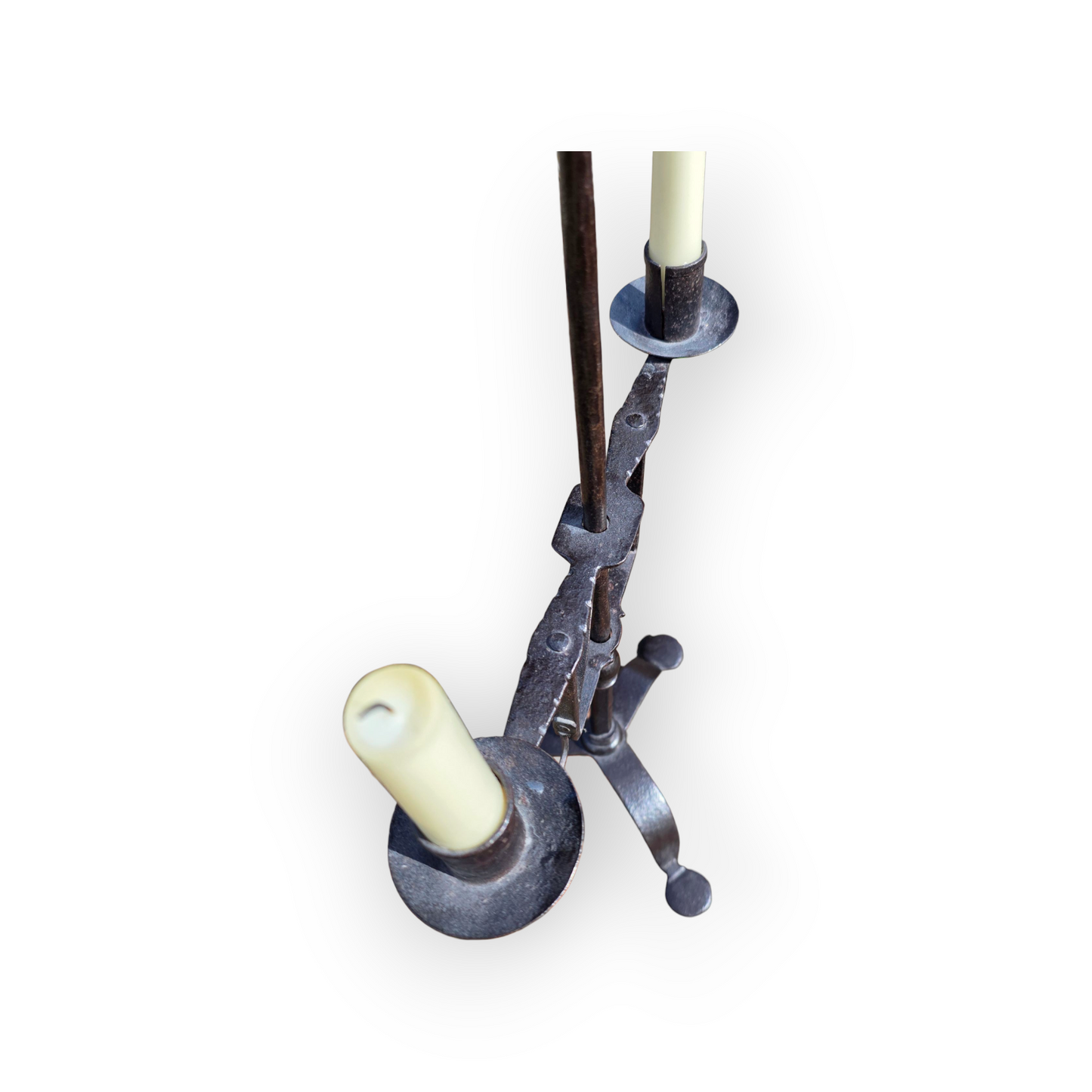 Pair of Early 19th Century Vernacular Antique Wrought Iron Rise-and-Fall Candelabras