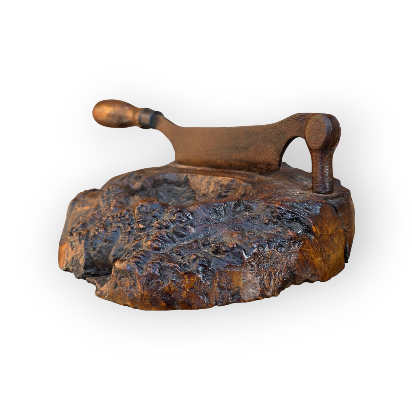 Late 18th Century Rustic Antique Herb Chopper With A Burr Wood Base