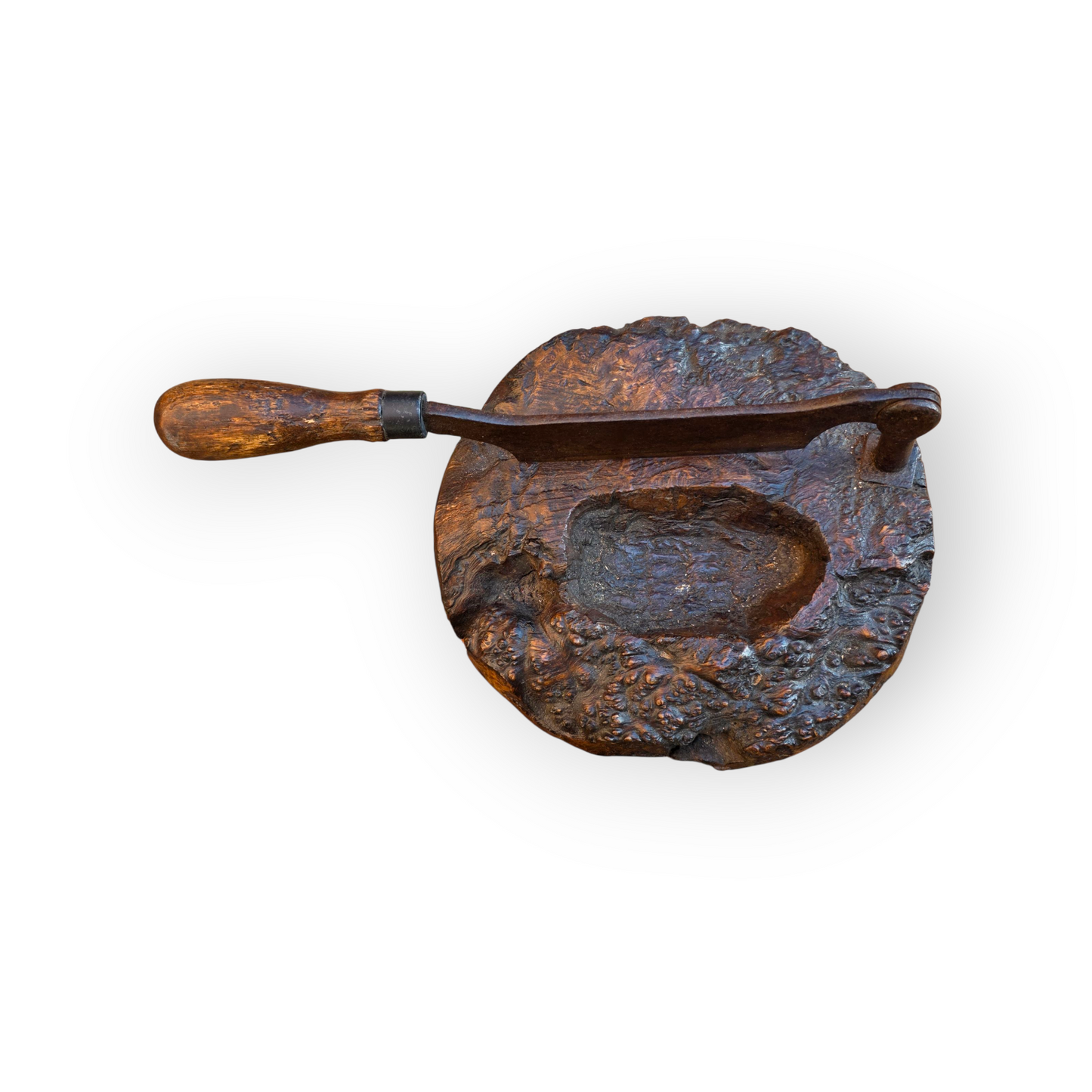 Late 18th Century Rustic Antique Herb Chopper With A Burr Wood Base