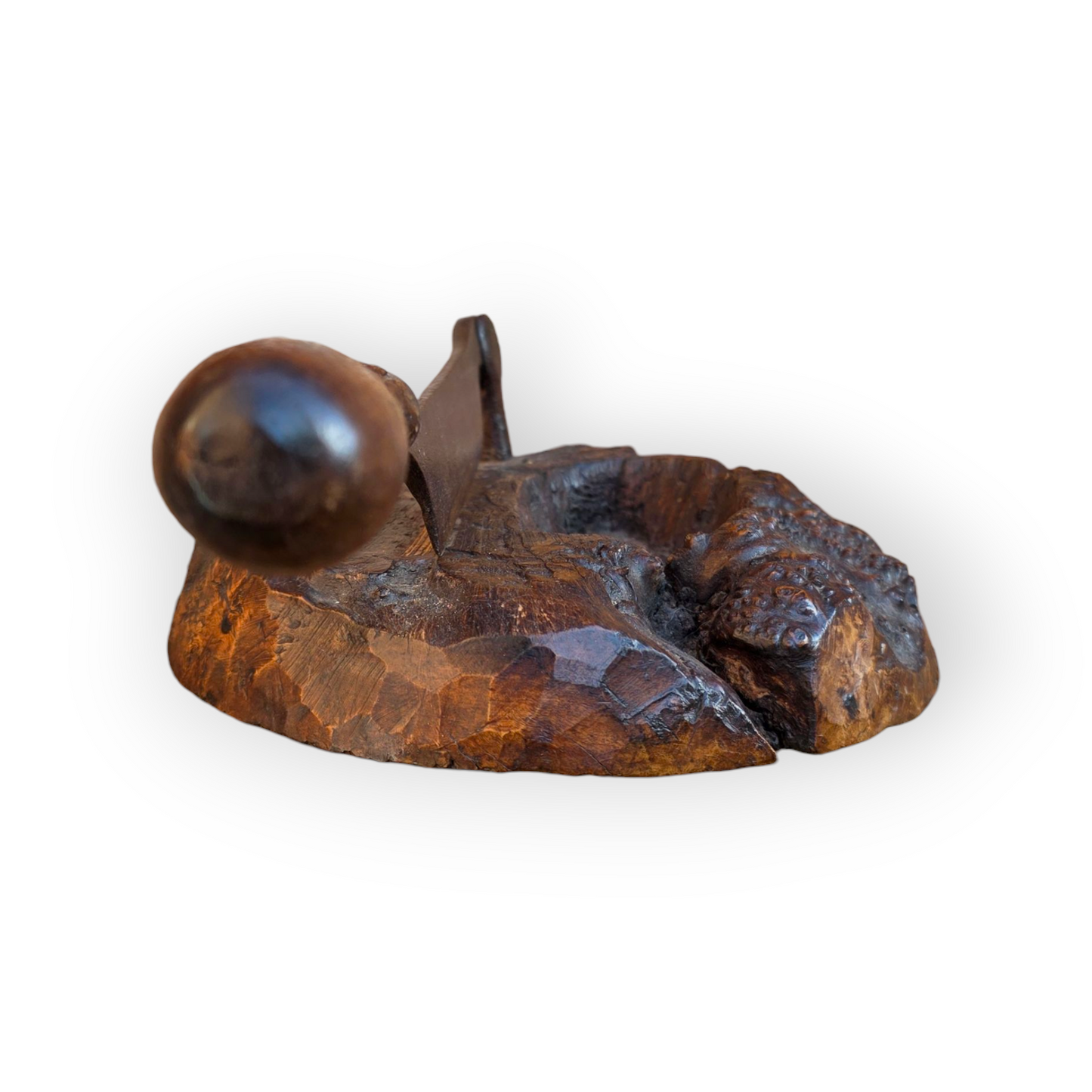 Late 18th Century Rustic Antique Herb Chopper With A Burr Wood Base