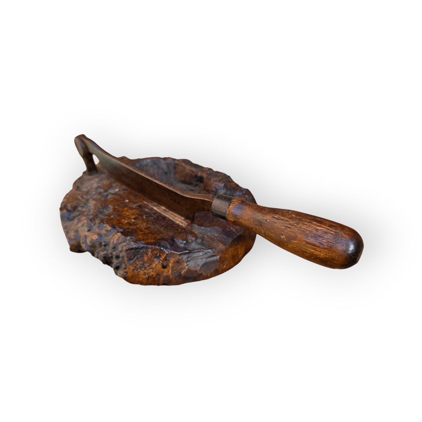 Late 18th Century Rustic Antique Herb Chopper With A Burr Wood Base