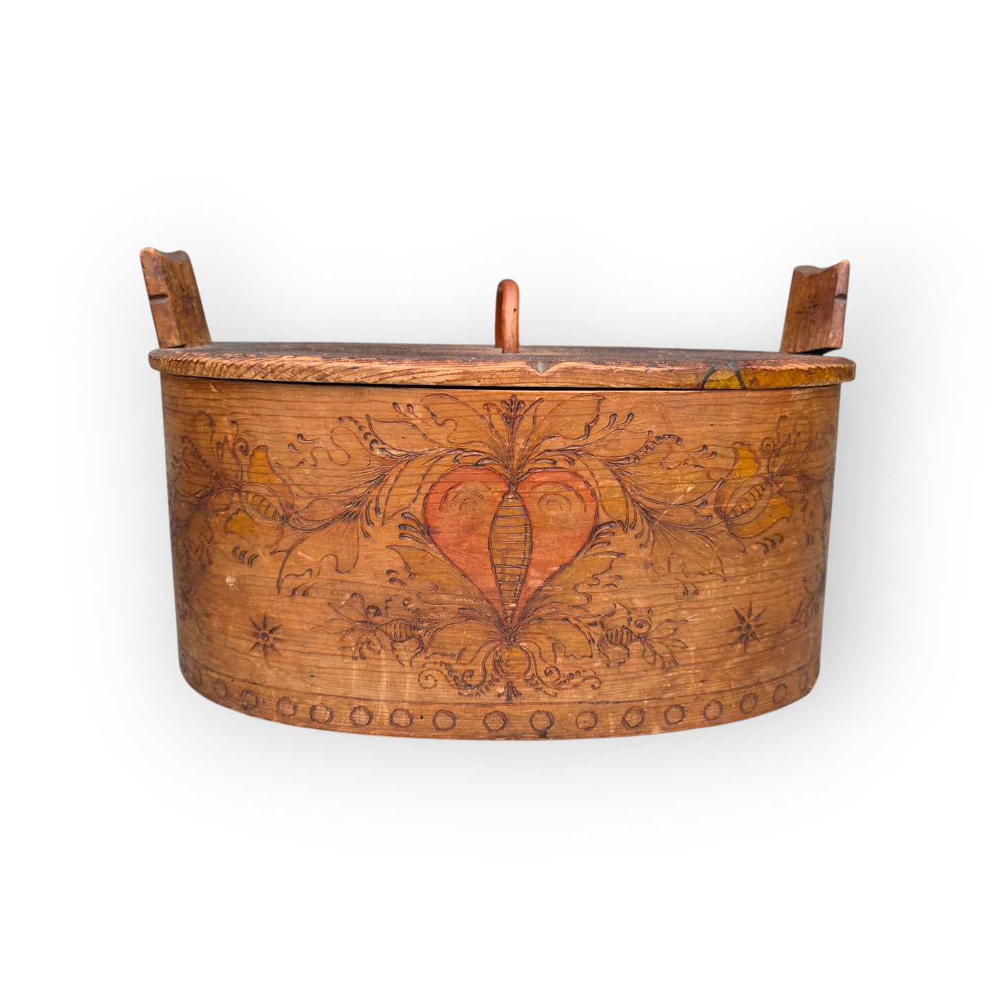 Late 18th Century Scandinavian Antique Bent Wood Box Bearing Two Love Hearts