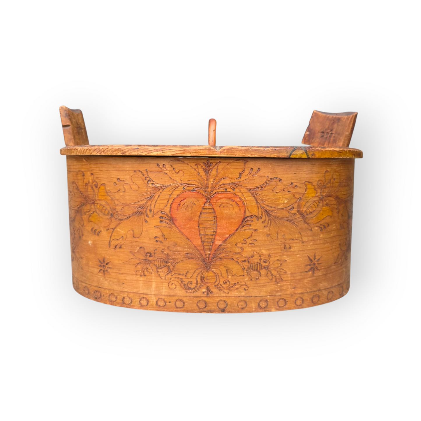 Late 18th Century Scandinavian Antique Bent Wood Box Bearing Two Love Hearts