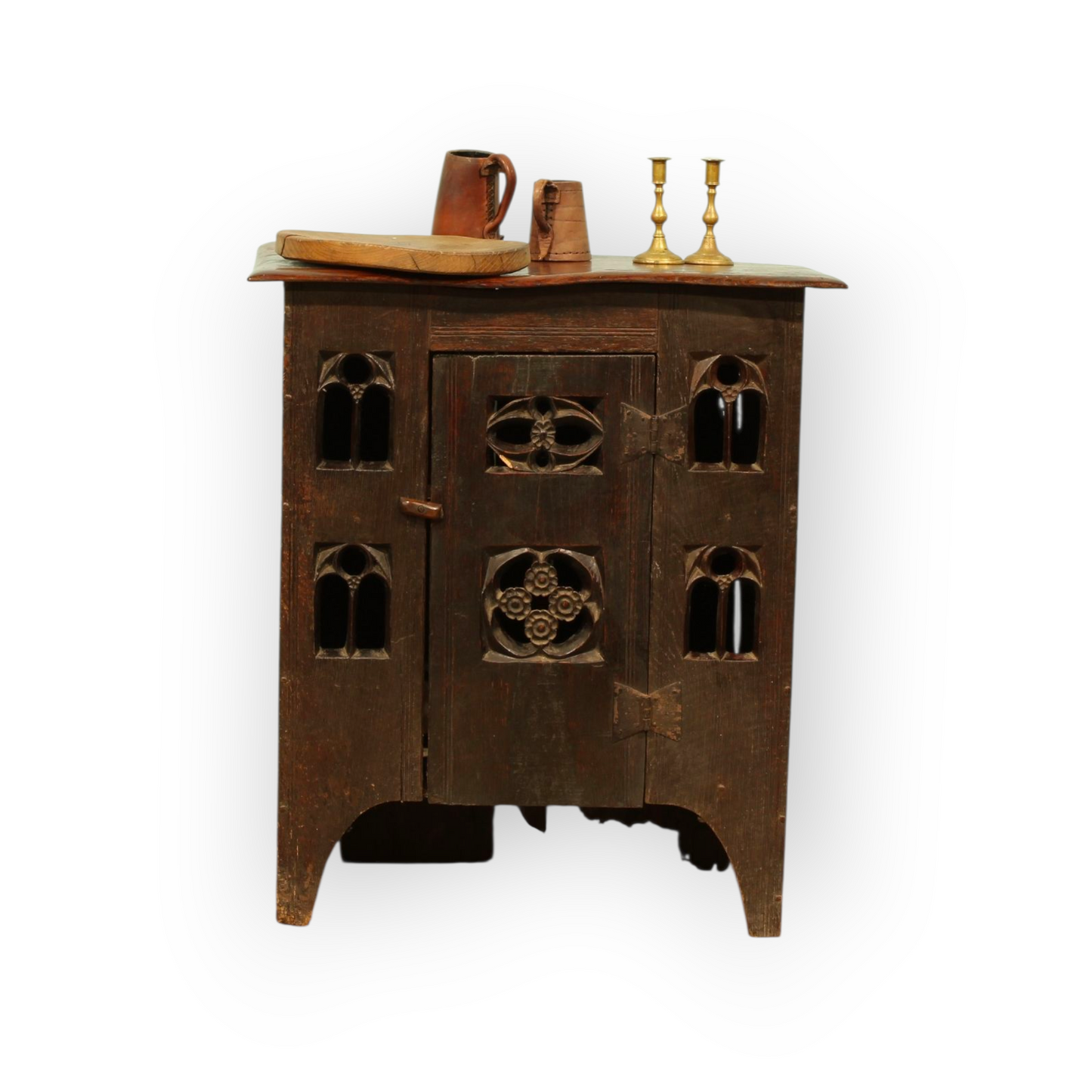 Antique Gothic Revival Oak Aumbry with Pierced Tracery