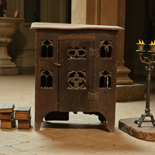 Antique Gothic Revival Oak Aumbry with Pierced Tracery