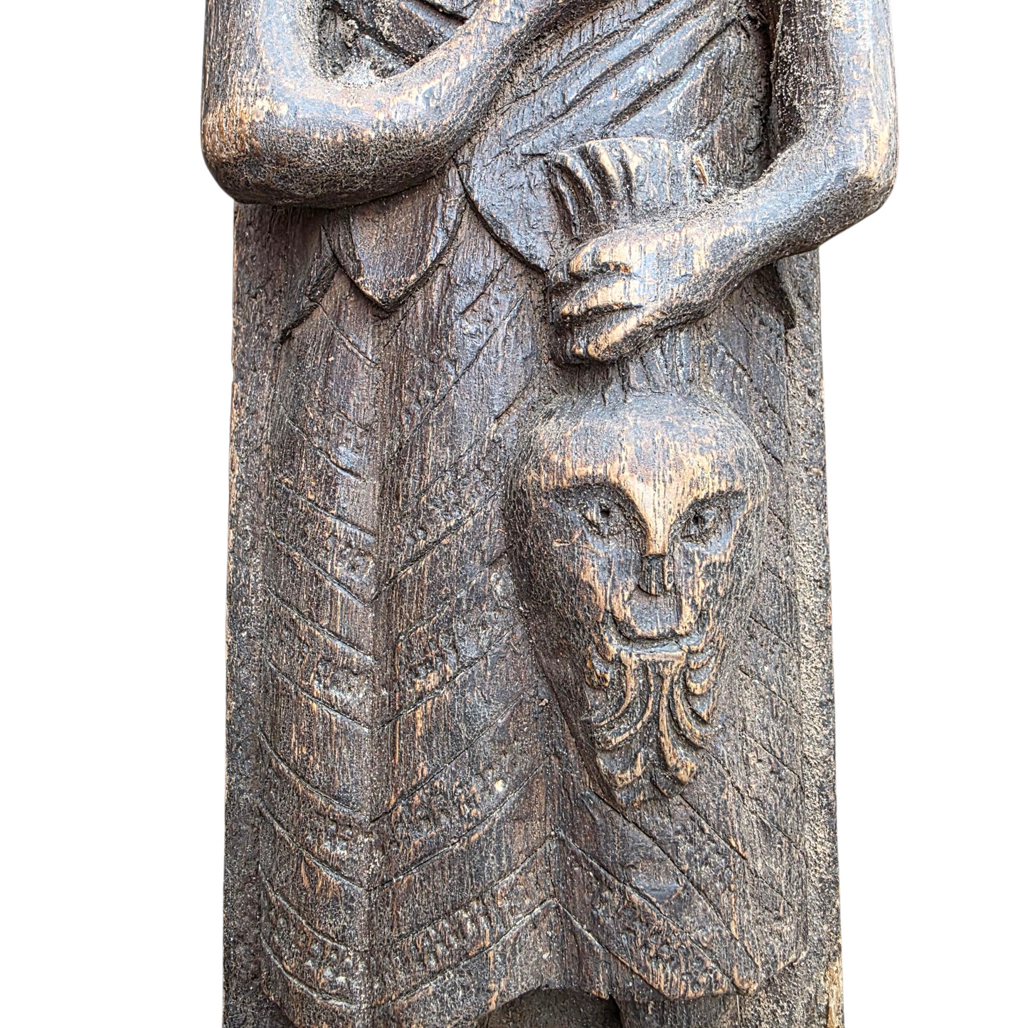 Three Late 16th-Century English Antique Carved Oak Terms / Figural Panels In Barn Found Condition