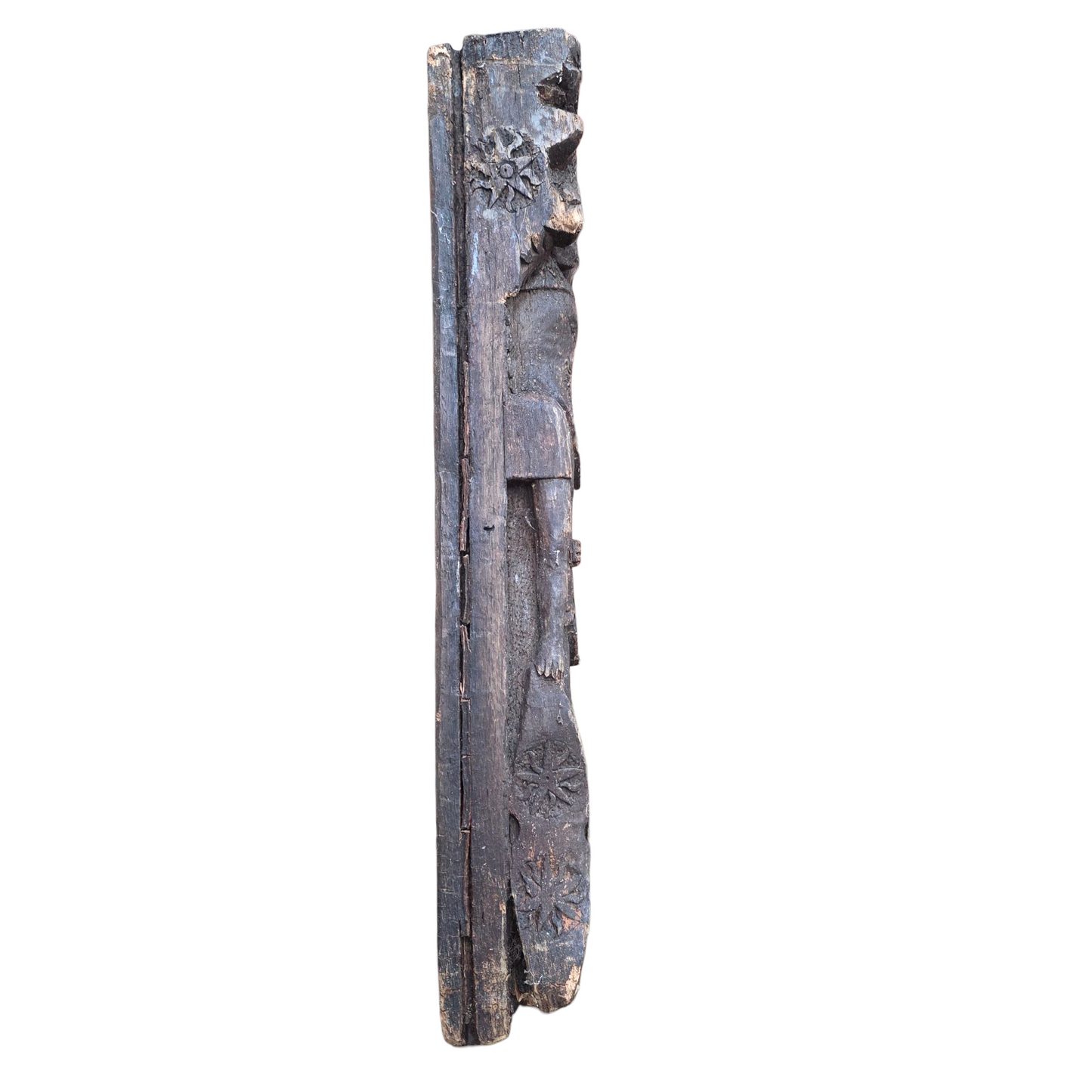 Three Late 16th-Century English Antique Carved Oak Terms / Figural Panels In Barn Found Condition