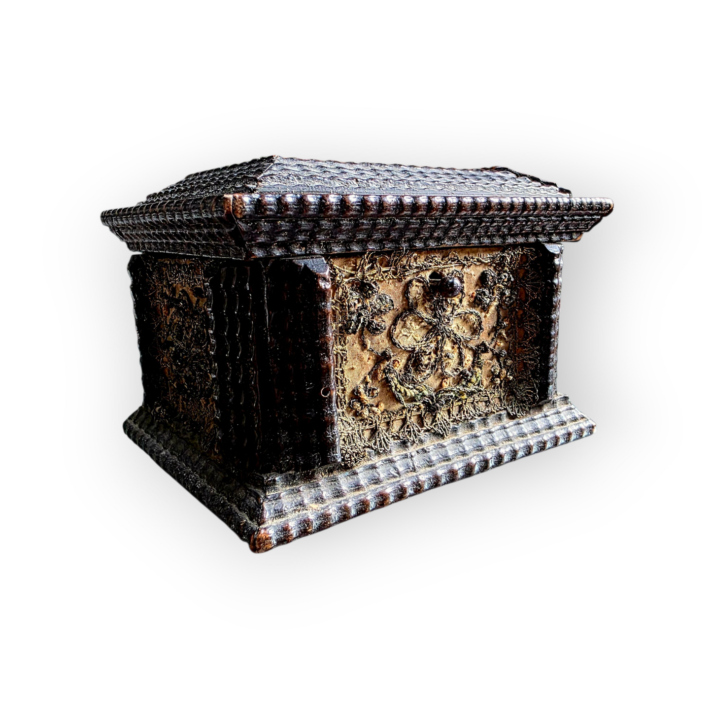 Early 17th-Century Continental Table-Top Box with Stumpwork Embroidery | Only 5 Inches Wide