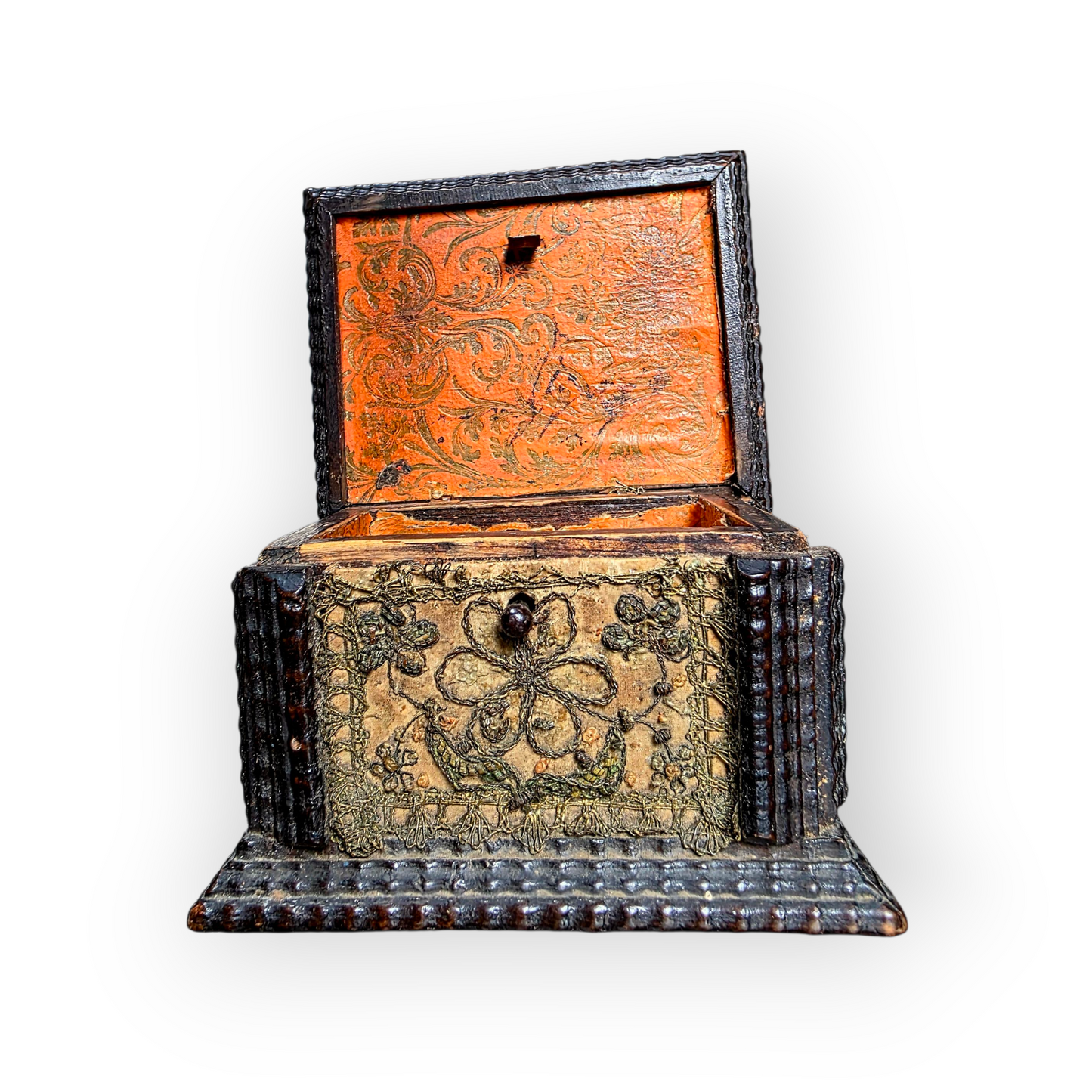 Early 17th-Century Continental Table-Top Box with Stumpwork Embroidery | Only 5 Inches Wide