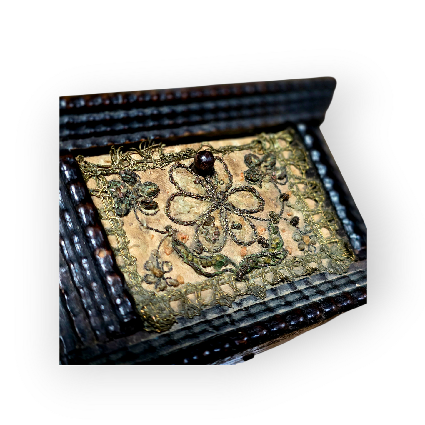 Early 17th-Century Continental Table-Top Box with Stumpwork Embroidery | Only 5 Inches Wide
